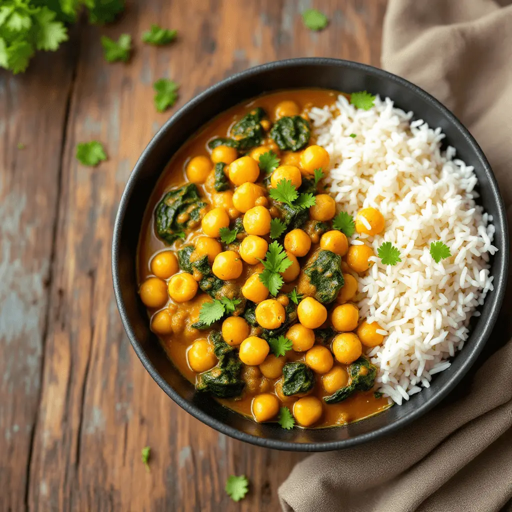 A bowl of chickpea and spinach curry