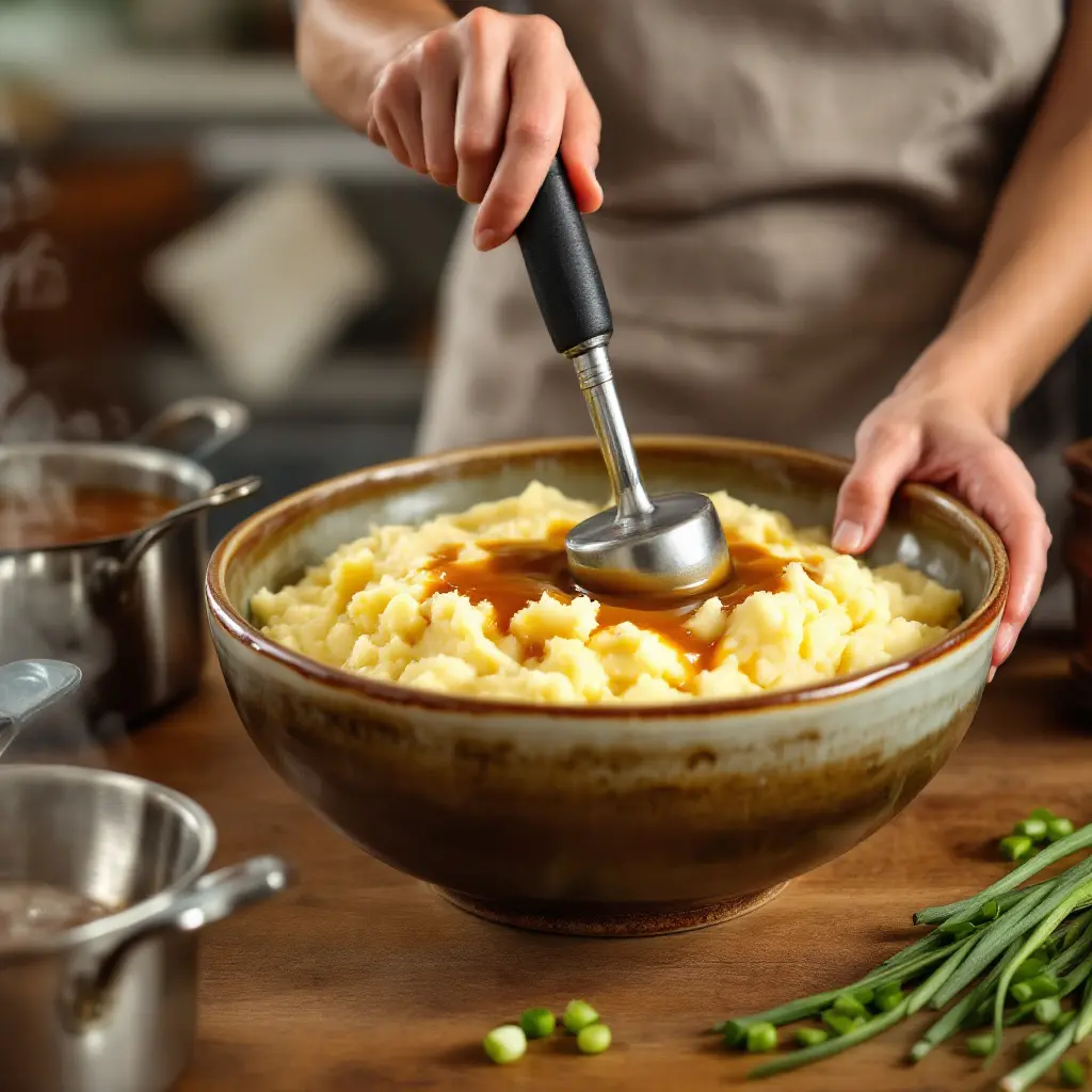 A person mashing potatoes