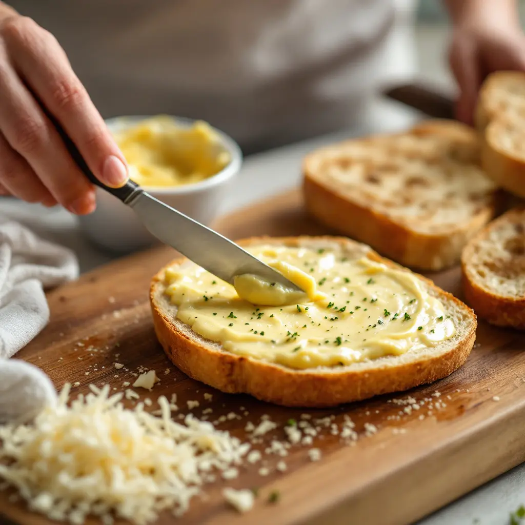 A person spreading garlic butter on Italian bread