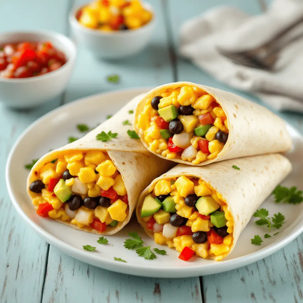 A plate of kosher breakfast burritos filled with scrambled eggs