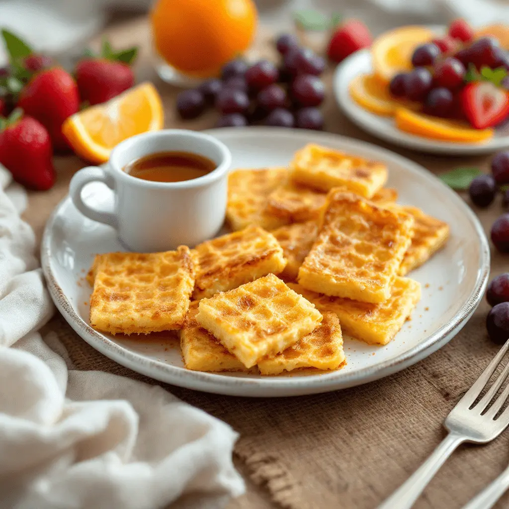 A plate of matzo brei served with a side of maple syrup