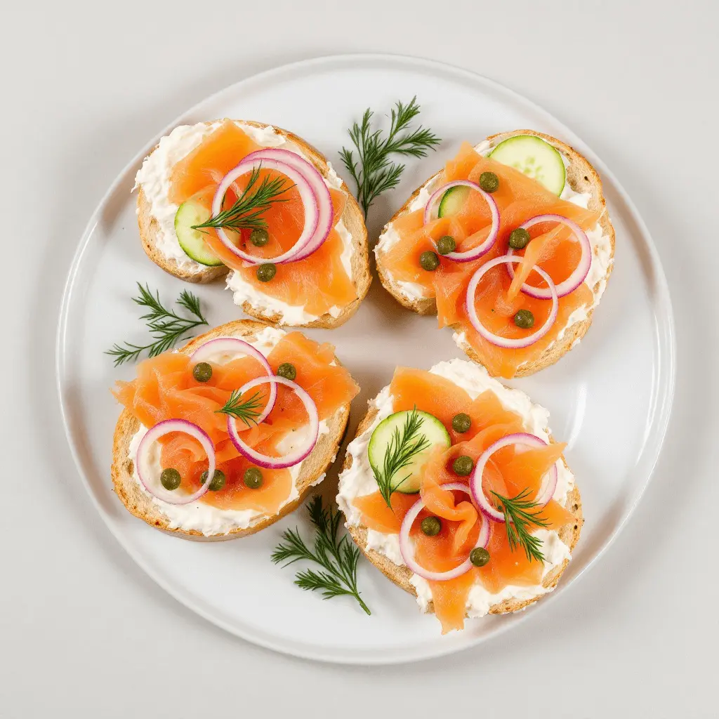 A plate of toasted bagels topped with cream cheese