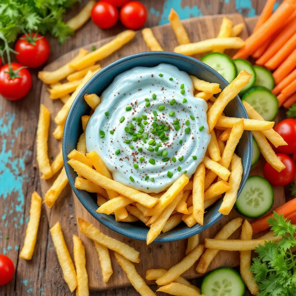 blue jam garlic aioli served with fries