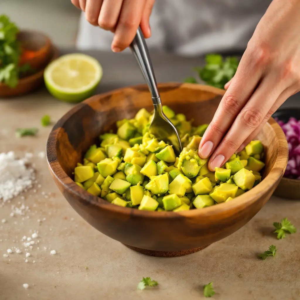 mashing avocados in a bowl